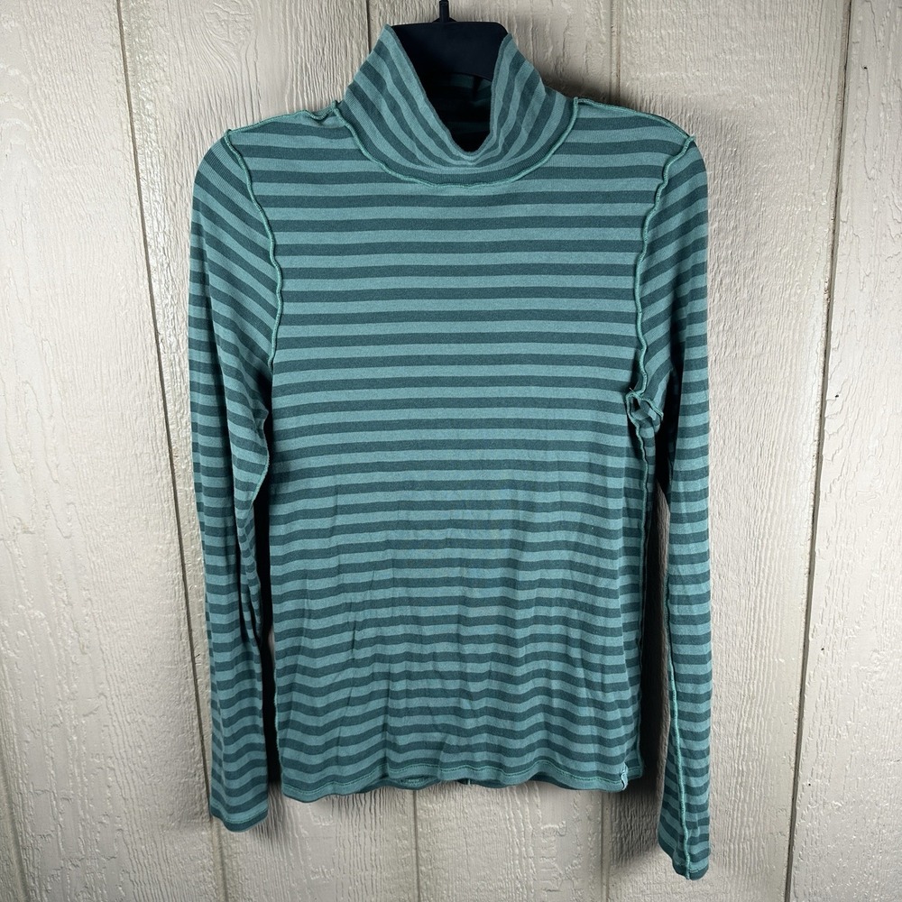 We The Free People Exposed Seam Turtleneck Lightweight Top Sz Large Green Stripe
